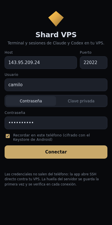 Login: host, usuario y contraseña o clave