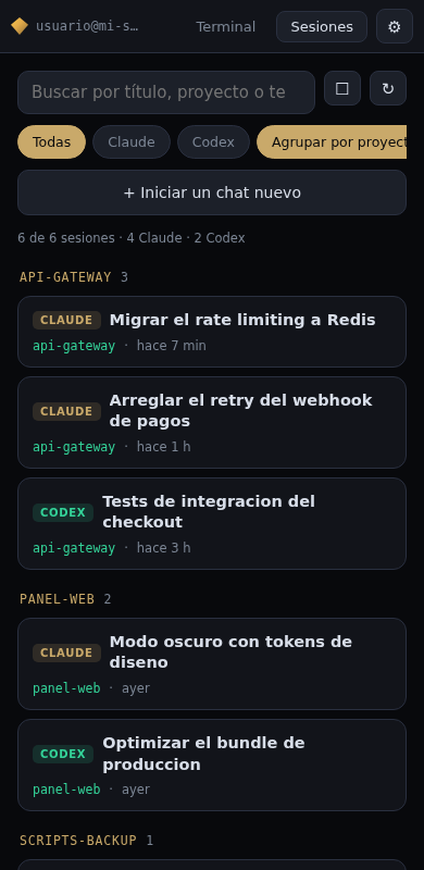 Las sesiones de Claude y Codex agrupadas por proyecto